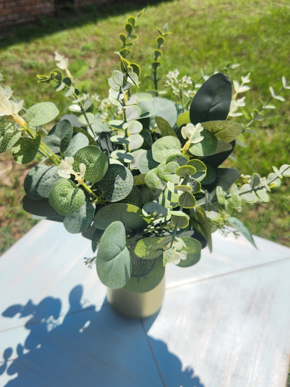 Eucalyptus Faux Floral Arrangement In Petite Gold Vase